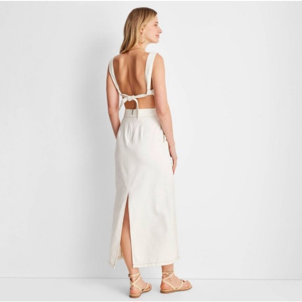 Future Collective Maxi Ivory Denim Bib Dress with Cute Bow Back - Picture 5 of 15